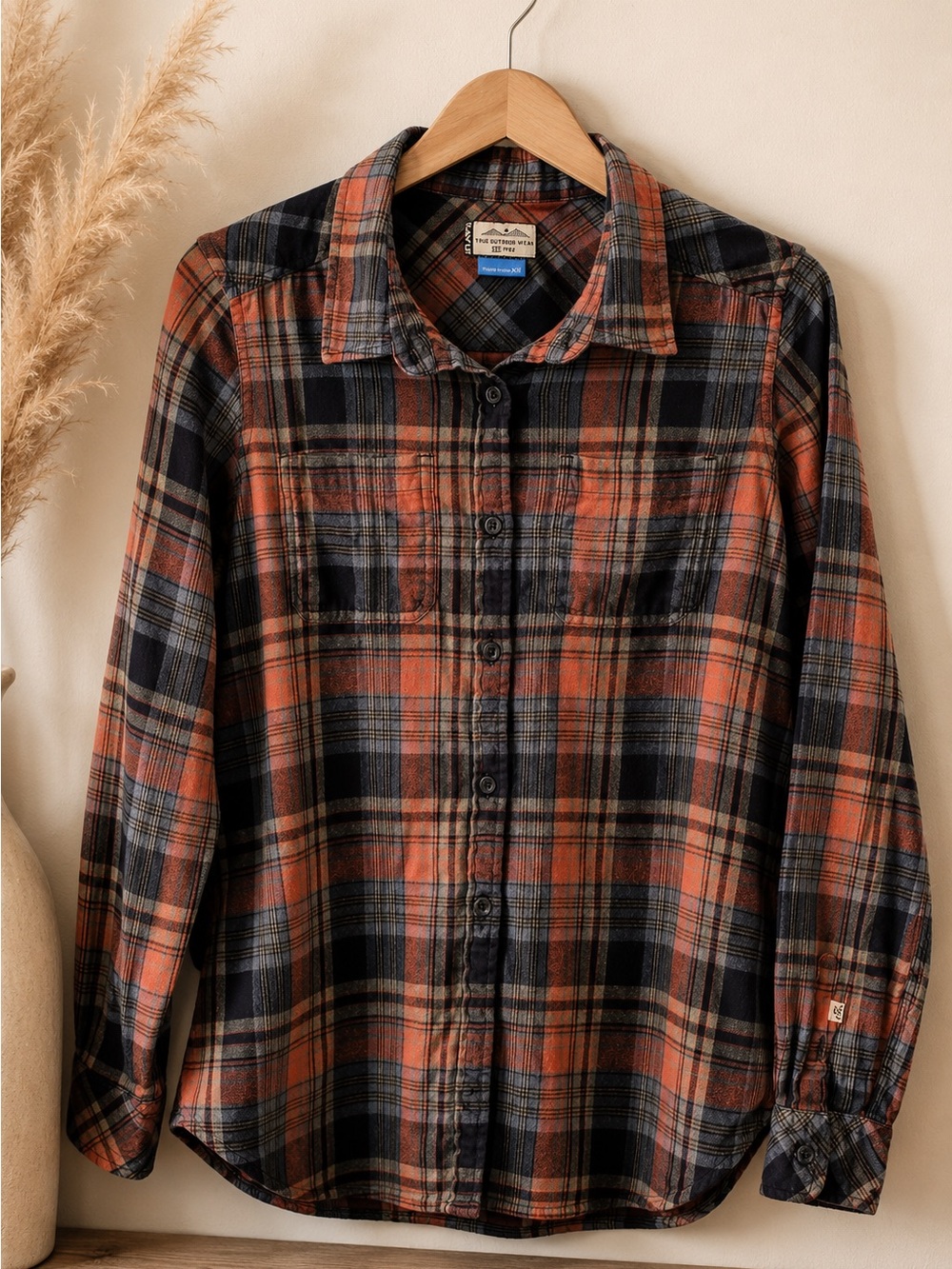 Kavu Plaid Flannel Button Up Shirt XS Orange Navy Rustic Outdoor Style